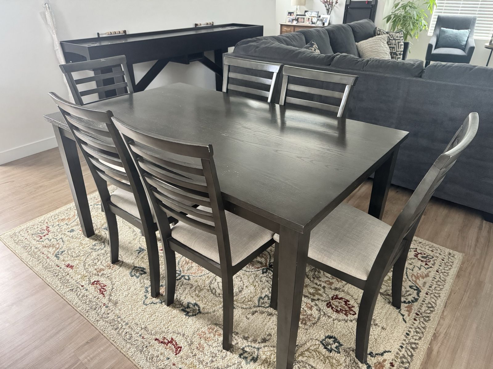 Dark Wood Dining Set: Rectangle Table, 6 Chairs w/ Cloth Seats, & Area Rug - Great Condition