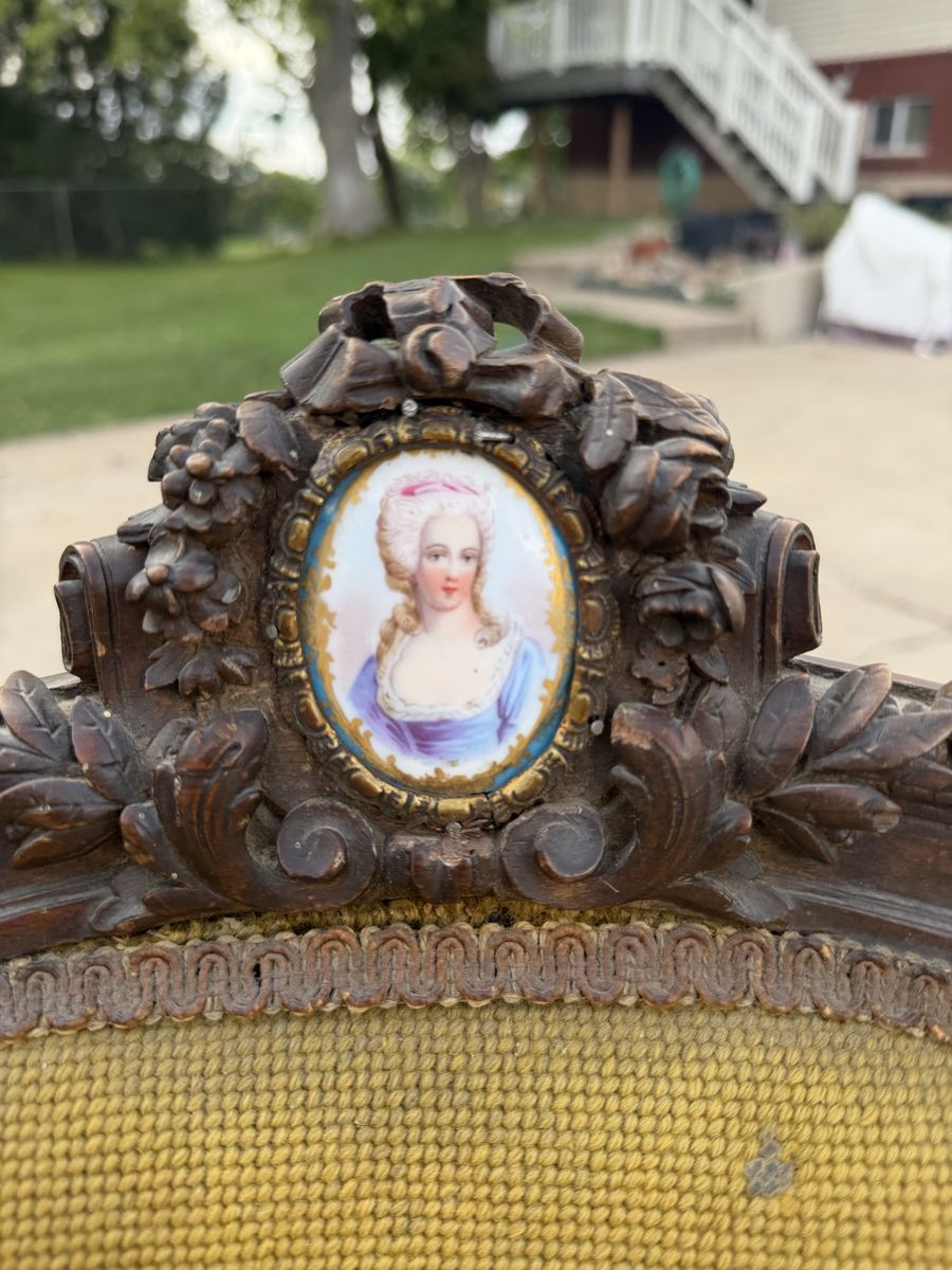 Pair Antique Victorian Carved Wood Needlepoint Portrait Chairs