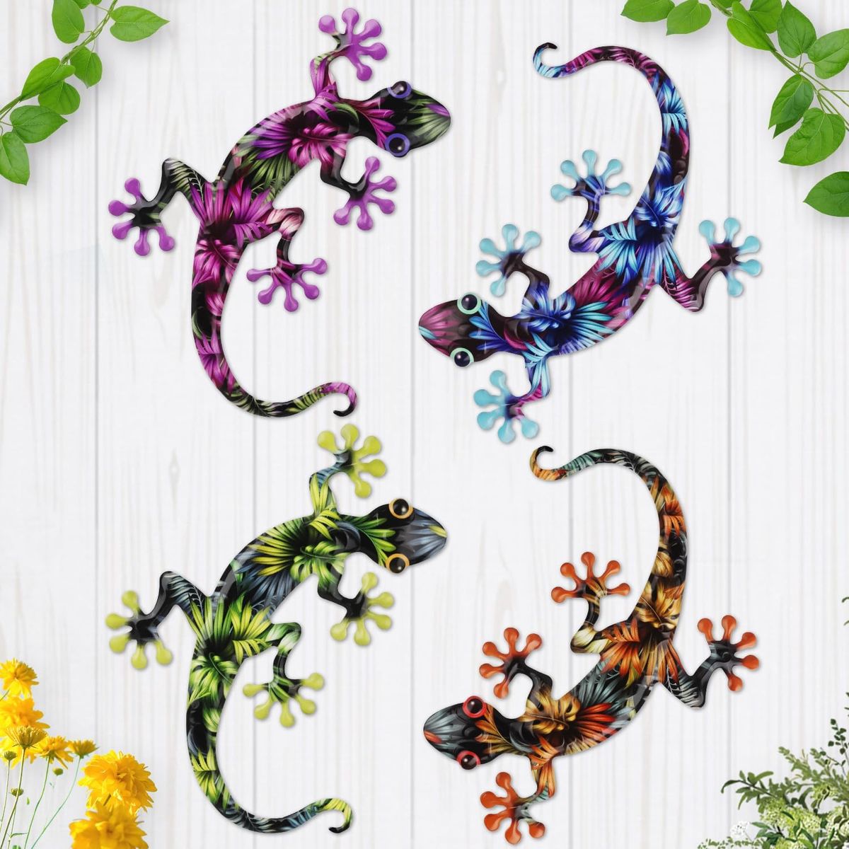 4 Pcs Metal Gecko Multi Color Wall Art Outdoor / Indoor Metal Lizard Wall Decoration 8.7 * x 11.8" ML2