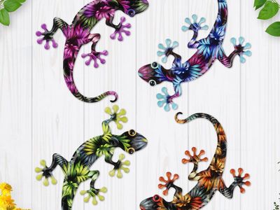 4 Pcs Metal Gecko Multi Color Wall Art Outdoor / Indoor Metal Lizard Wall Decoration 8.7 * x 11.8" ML2