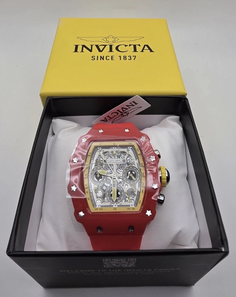 Invicta Watch Red Skeleton Dial Rubber Strap Chronograph Quartz Wristwatch New in Box