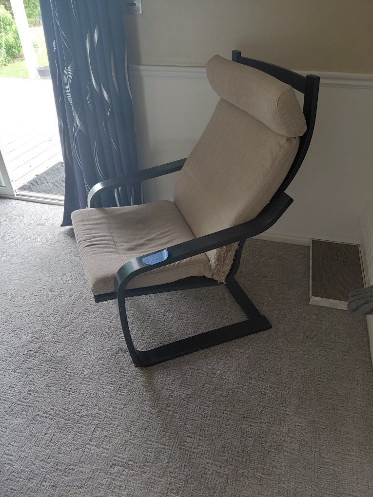 Used Dark Wood Frame Armchair with Beige Cushions - Needs Upholstery Repair