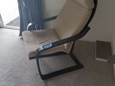 Used Dark Wood Frame Armchair with Beige Cushions - Needs Upholstery Repair