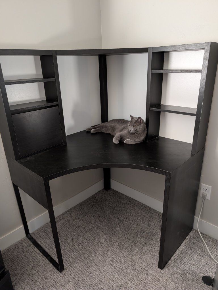 IKEA Micke Corner Workstation Desk, Black-Brown, with Shelves