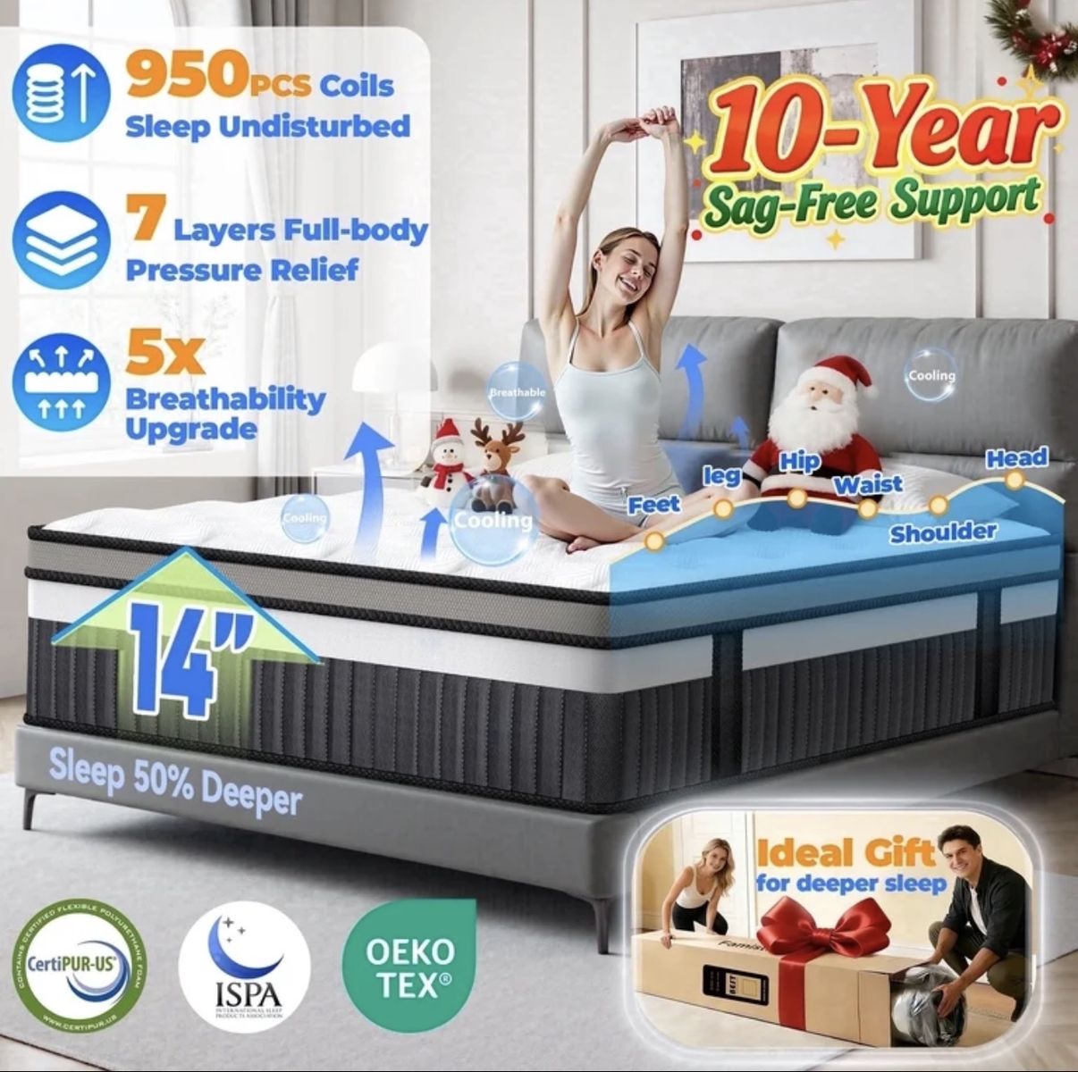 King Mattress, 14 Inch Memory Foam Mattress King Size, Innerspring Hybrid King Bed Mattress