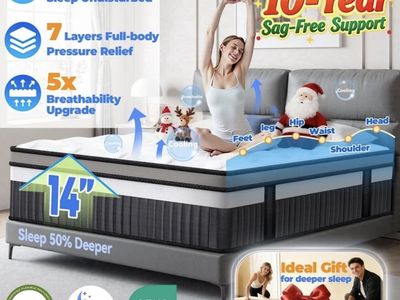King Mattress, 14 Inch Memory Foam Mattress King Size, Innerspring Hybrid King Bed Mattress