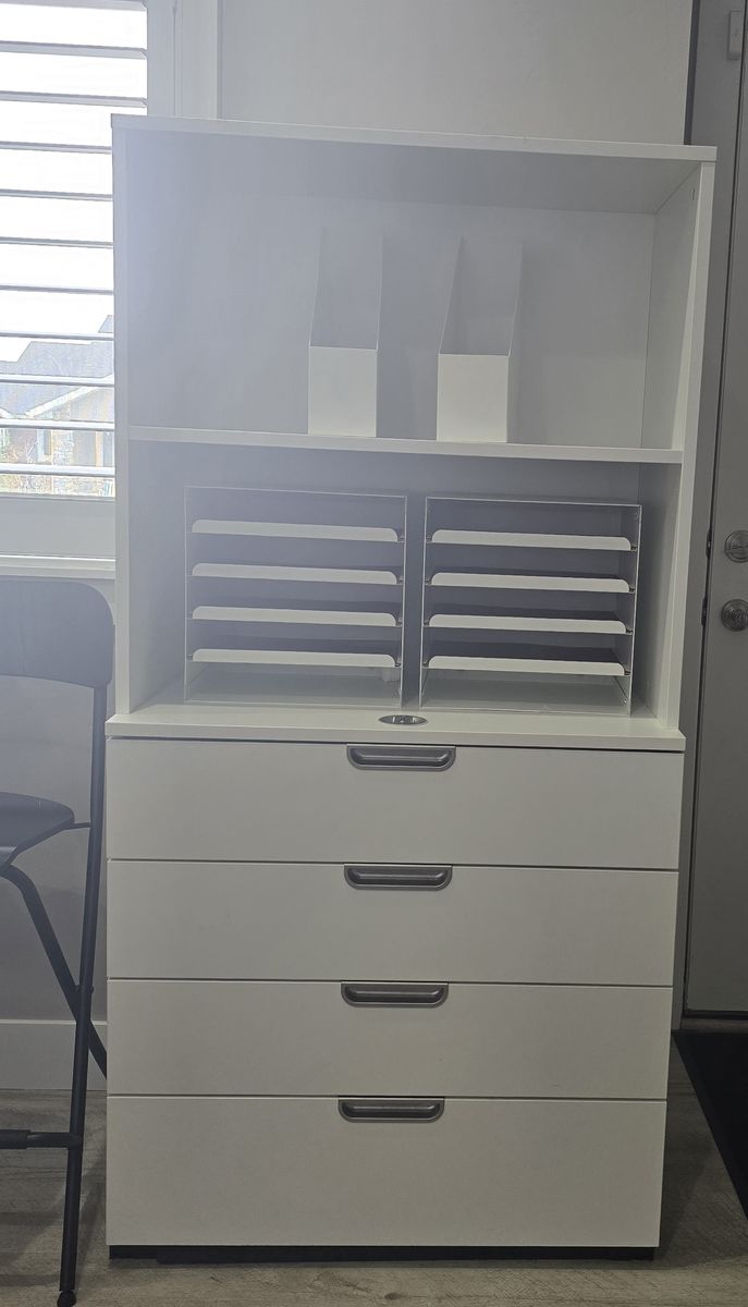White Storage Cabinet with Drawers & Organizer Shelves – Great Condition