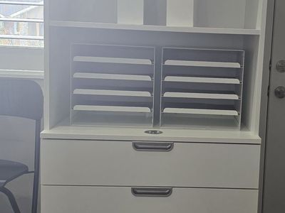 White Storage Cabinet with Drawers & Organizer Shelves – Great Condition