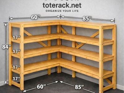 Toterack.net Corner Shelving Unit - 84" H, 60"/85" L, 17" D, 5-Tier Wood Storage Rack