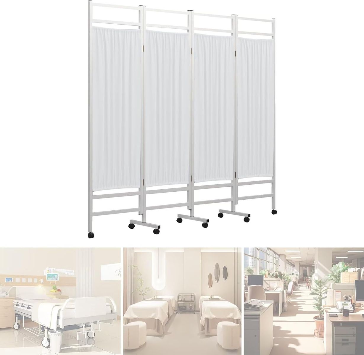 Foldable Medical Room Divider with Lockable Wheels (White 4 Panels)