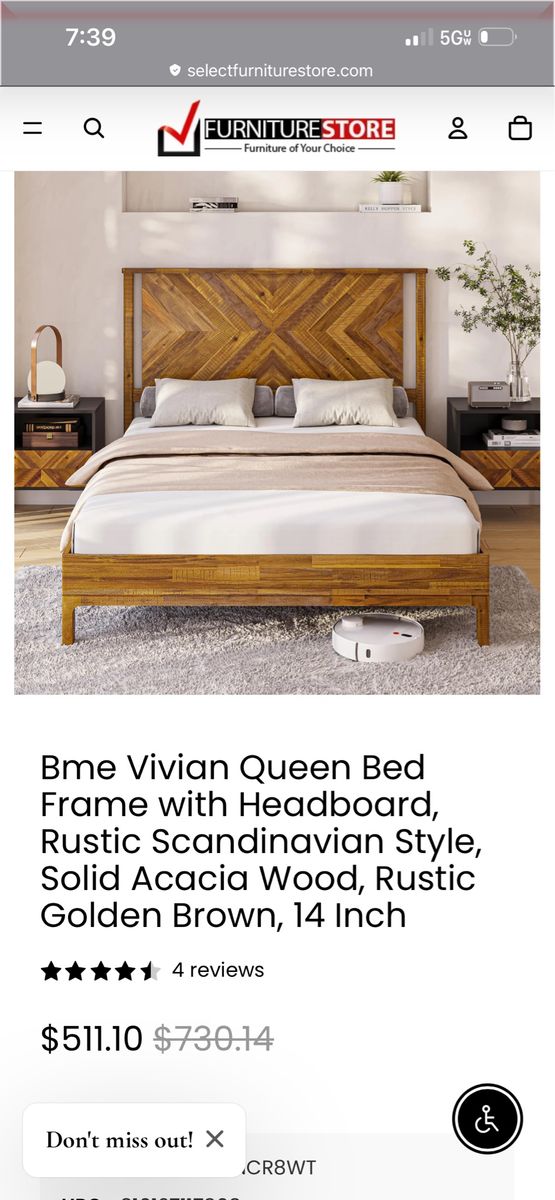 Bme Vivian Queen Bed Frame w/ Headboard, Solid Acacia Wood, Rustic Golden Brown, 14 Inch