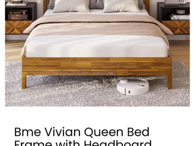 Bme Vivian Queen Bed Frame w/ Headboard, Solid Acacia Wood, Rustic Golden Brown, 14 Inch