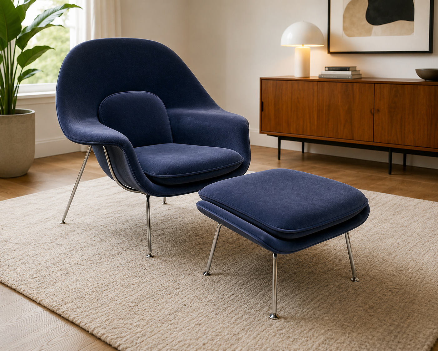 Knoll Eero Saarinen Womb Lounge Chair & Ottoman - Medium, Blue Velvet, Chrome Frame