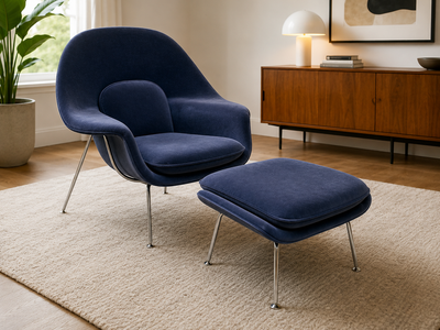 Knoll Eero Saarinen Womb Lounge Chair & Ottoman - Medium, Blue Velvet, Chrome Frame