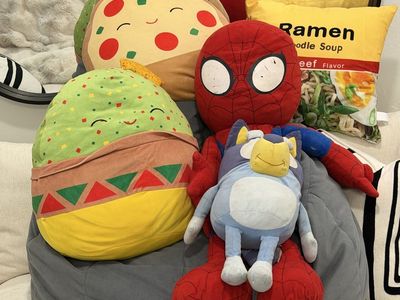 Squishmallows Lot: 14" Guacamole, 16" Pizza, 20" Spider-Man, 8" Bluey Plush Toys