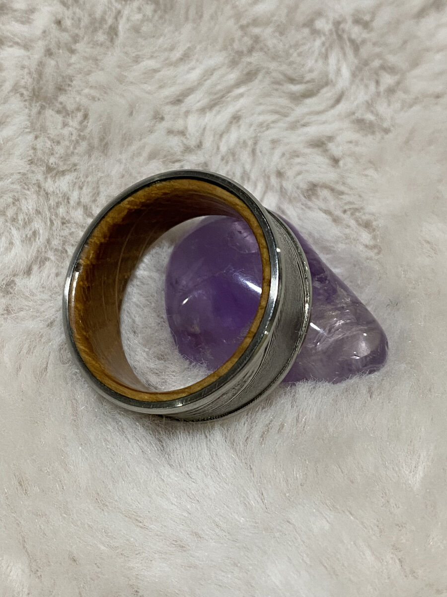 Damascus Steel Wedding Band with Wood Sleeve - Size 13.5