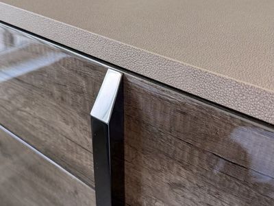 Like-New Modern Italian Glossy Wood-Grain Dresser with 6 Drawers and Metal Trim. High end quality.