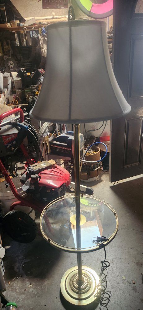 Vintage Brass Floor Lamp with Glass Accent Tray Table and Fabric Shade