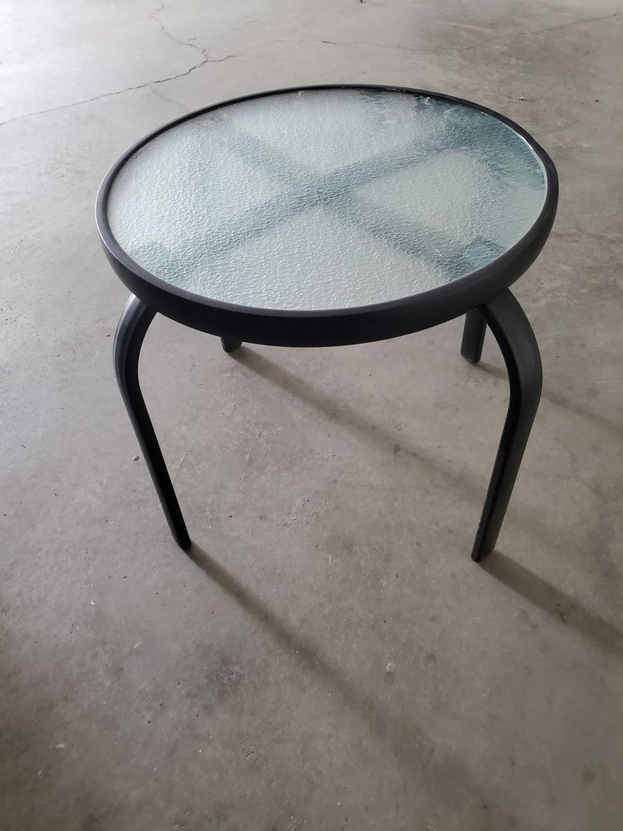 Round Glass Top Patio Side Table with Black Metal Frame - Good Condition