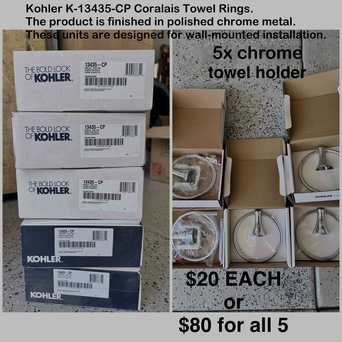 Kohler K-13435-CP Coralaise Polished Chrome Wall-Mounted Towel Rings (Set of 5)