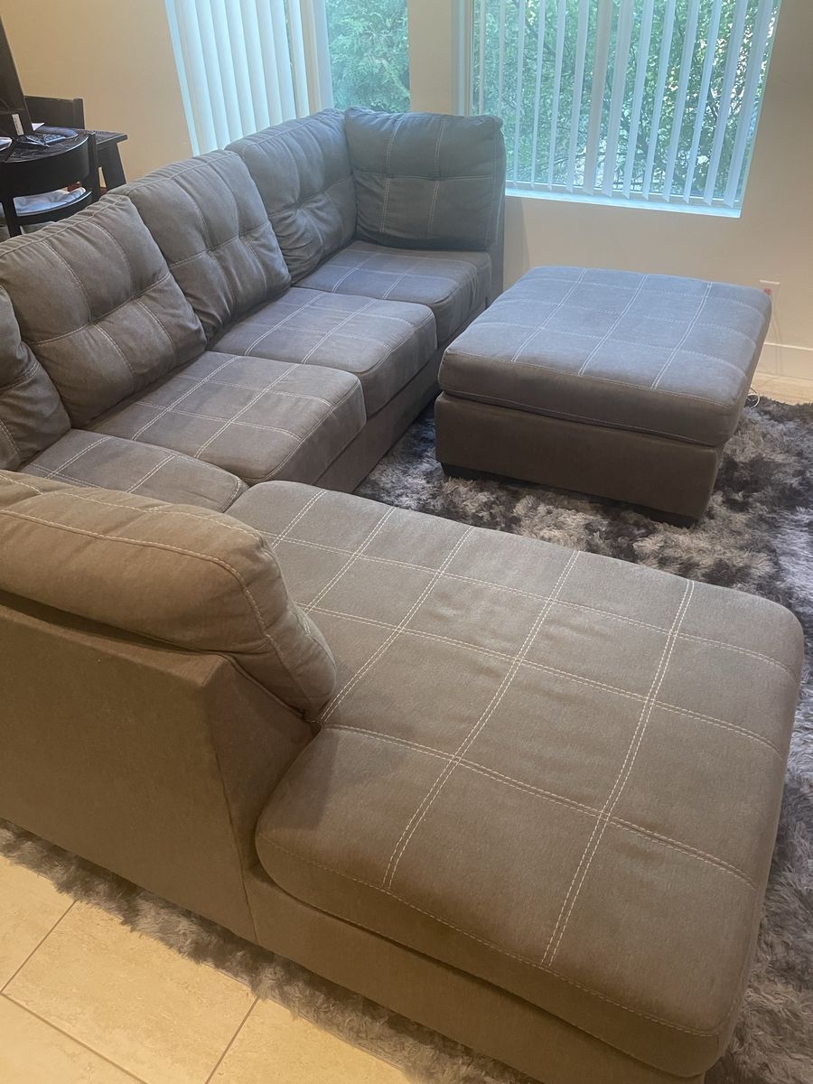 Sectional Couch Sofa with Ottoman - Gray Fabric, Left-Hand Facing Chaise, Tufted Cushions