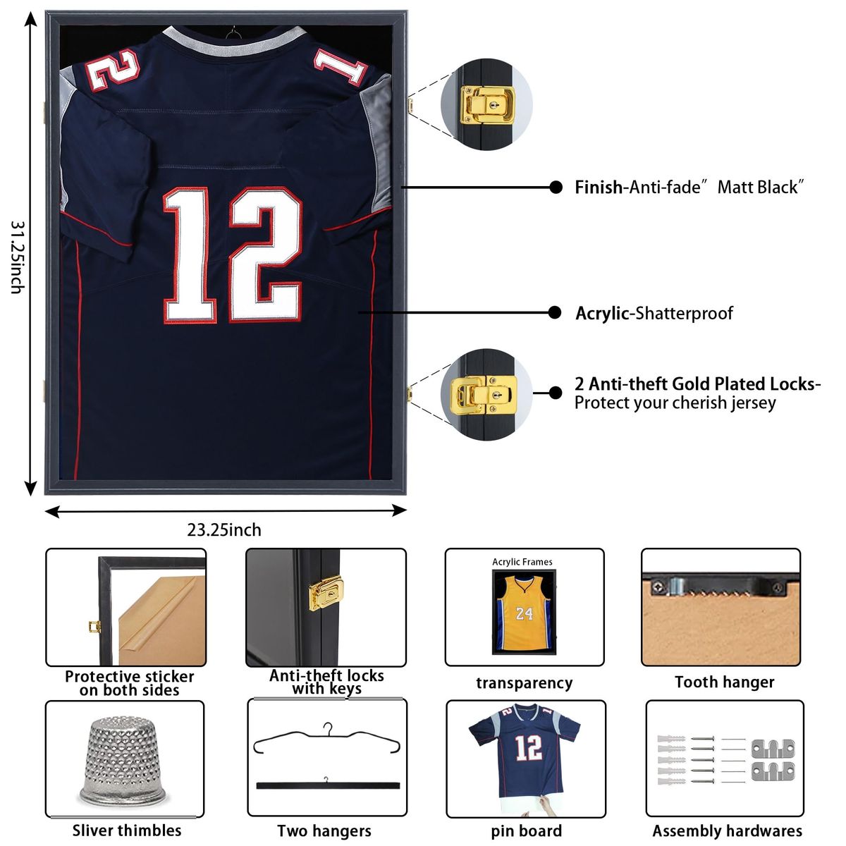 New- 1 Large Sports Jersey Display Frame Case Shadow Box 31.25"x23.25" Shatterproof Acrylic Anti-fade Matt Black