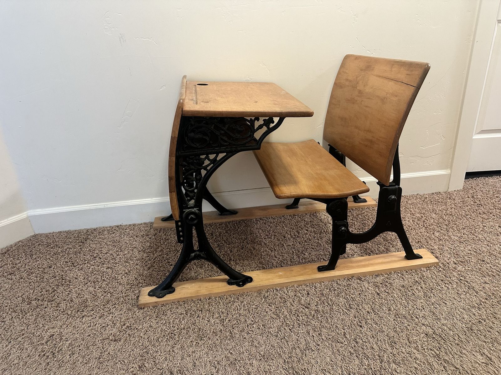 Antique School Desk Wood & Wrought Iron Child's Desk with Pencil Slot & Storage - Vintage Classroom Decor