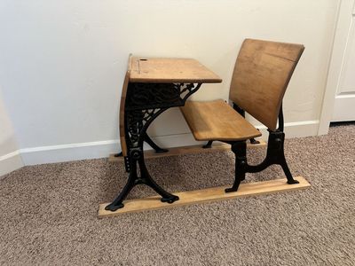 Antique School Desk Wood & Wrought Iron Child's Desk with Pencil Slot & Storage - Vintage Classroom Decor