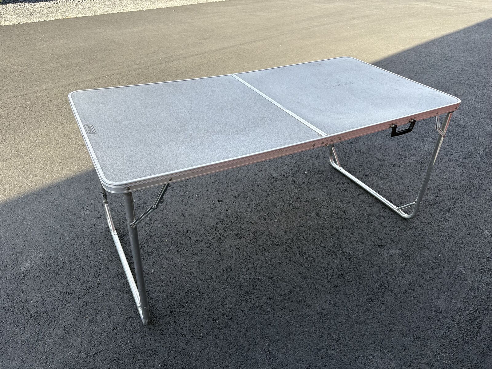 Vintage Coleman ALUMINUM FOLDING CAMPING TABLE  RV FOLD AWAY Grey Mid Century