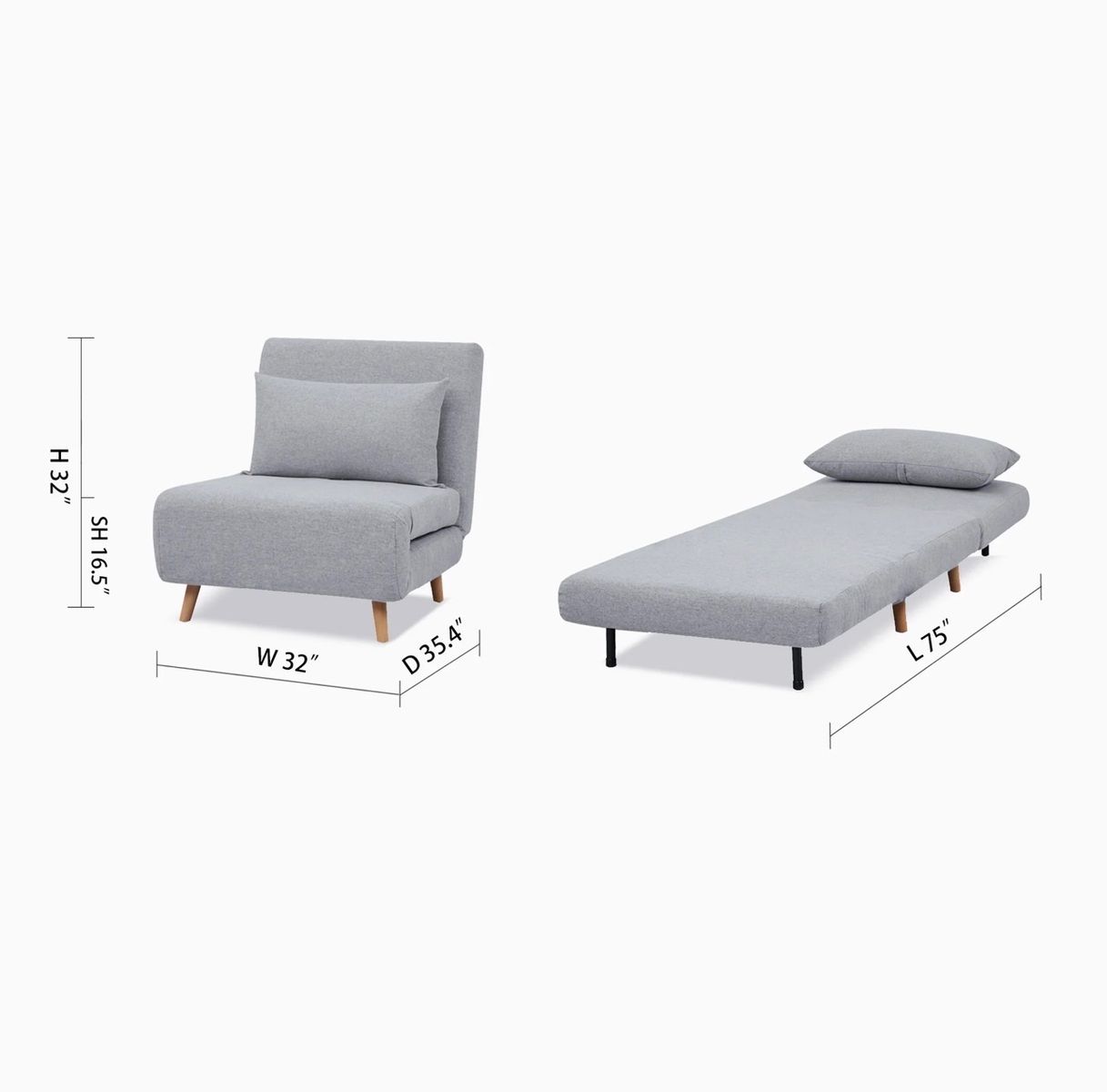 Brand new Multi-Functional Sofa Bed Lounge Chair Grey Linen Floor Couch Sleeper Guest Sofa 32" W