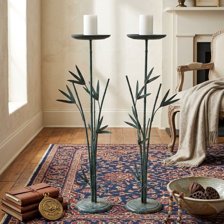 Vintage Metal Green Bamboo Candle Holders