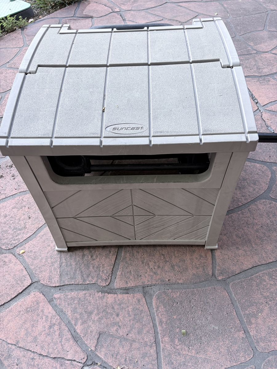 Suncast Plastic Garden Hose Reel Cart Enclosure - Beige, Weather-Resistant Storage