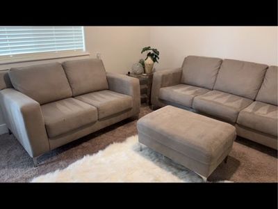 3-Piece Stone Gray Living Room Set - Sofa, Loveseat, and Ottoman with Chrome Legs