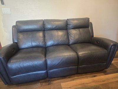 Blue Leather Reclining Sofa, Love Seat, Recliner Set