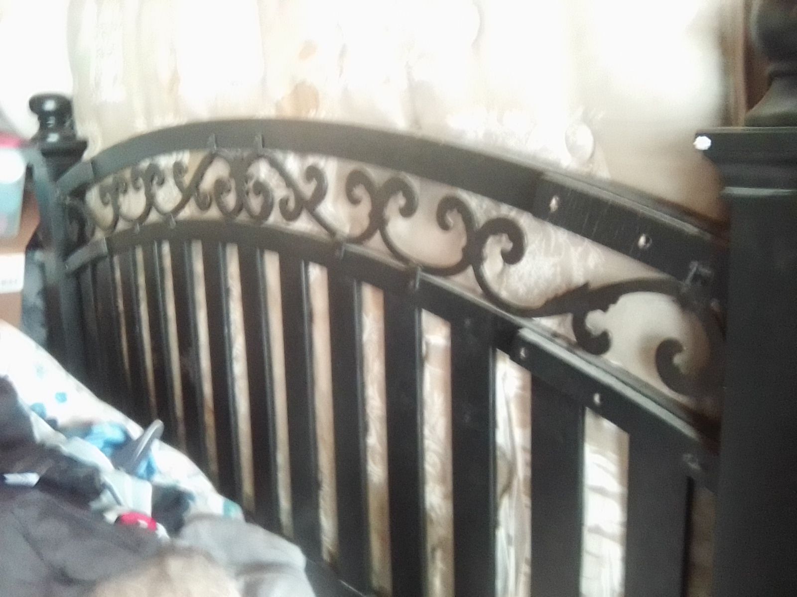 Ornate Black Metal and Wood King Size Headboard & Footboard - Scrollwork Design