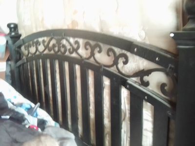 Ornate Black Metal and Wood King Size Headboard & Footboard - Scrollwork Design
