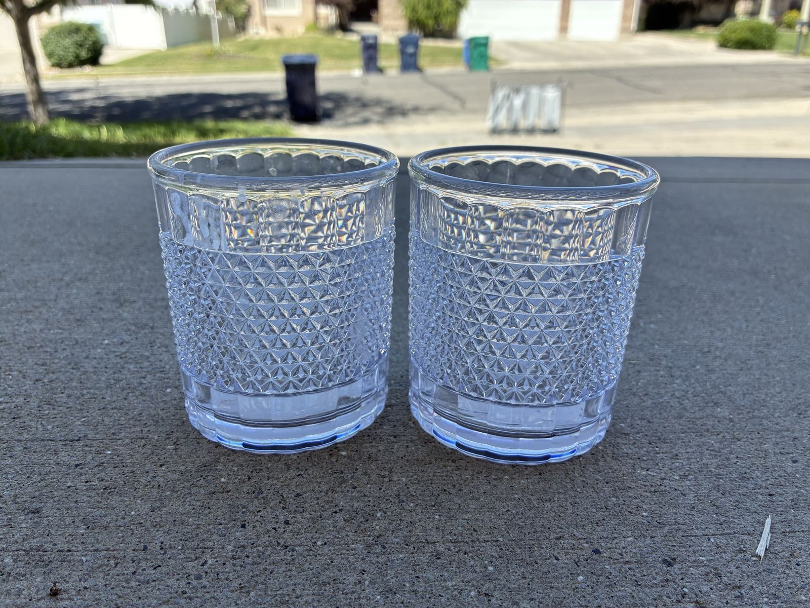 2 Clear Pressed Glass Tumblers, Diamond Cut Pattern, 8oz Cocktail/Whiskey Glasses