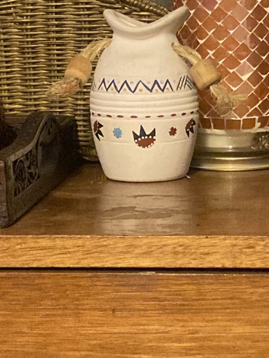 Decorative White Ceramic Vase with Southwestern/Tribal Design - Rope Accent