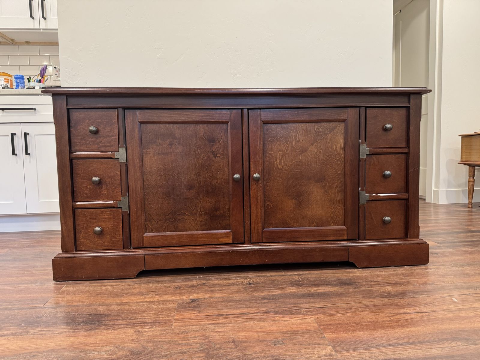 Solid Dark Wood Media Credenza Console Table with Drawers and Cabinets