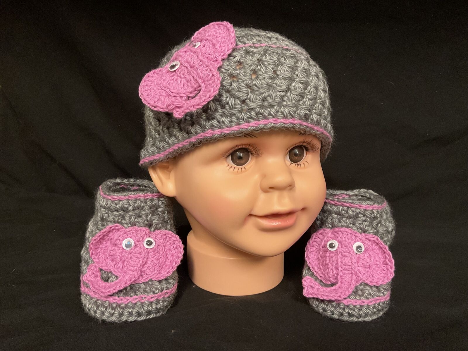 Baby Girl Pink Elephant Beanie and Bootie Set