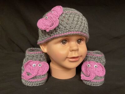 Baby Girl Pink Elephant Beanie and Bootie Set
