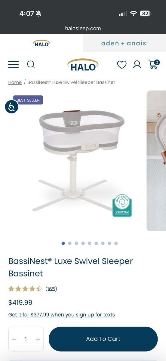 HALO BassiNest Luxe Swivel Sleeper Bassinet - Adjustable Height, Lowering Wall, Soothing Sounds