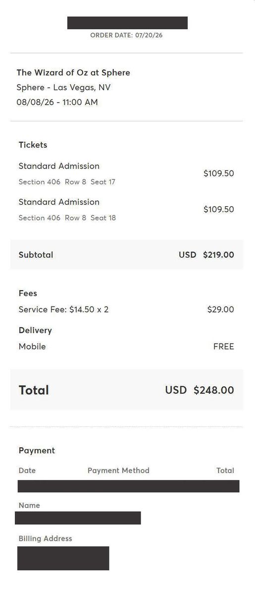 2 Wizard of Oz at Sphere tickets – [8/8/2026/11:00AM] – Section [406], Row [8]
