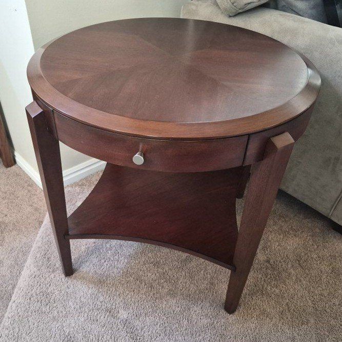 Round Wood End Table with Drawer and Shelf - Dark Brown Finish