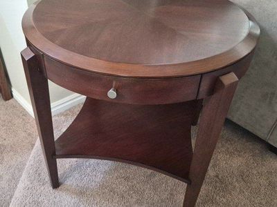 Round Wood End Table with Drawer and Shelf - Dark Brown Finish
