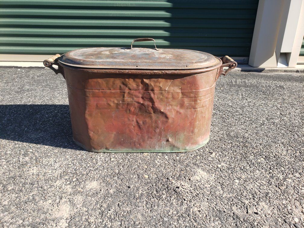 Vintage Copper Boiler Wash Tub Pot w/ Lid & Wood Handles, Rustic Farmhouse Decor