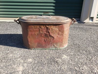 Vintage Copper Boiler Wash Tub Pot w/ Lid & Wood Handles, Rustic Farmhouse Decor
