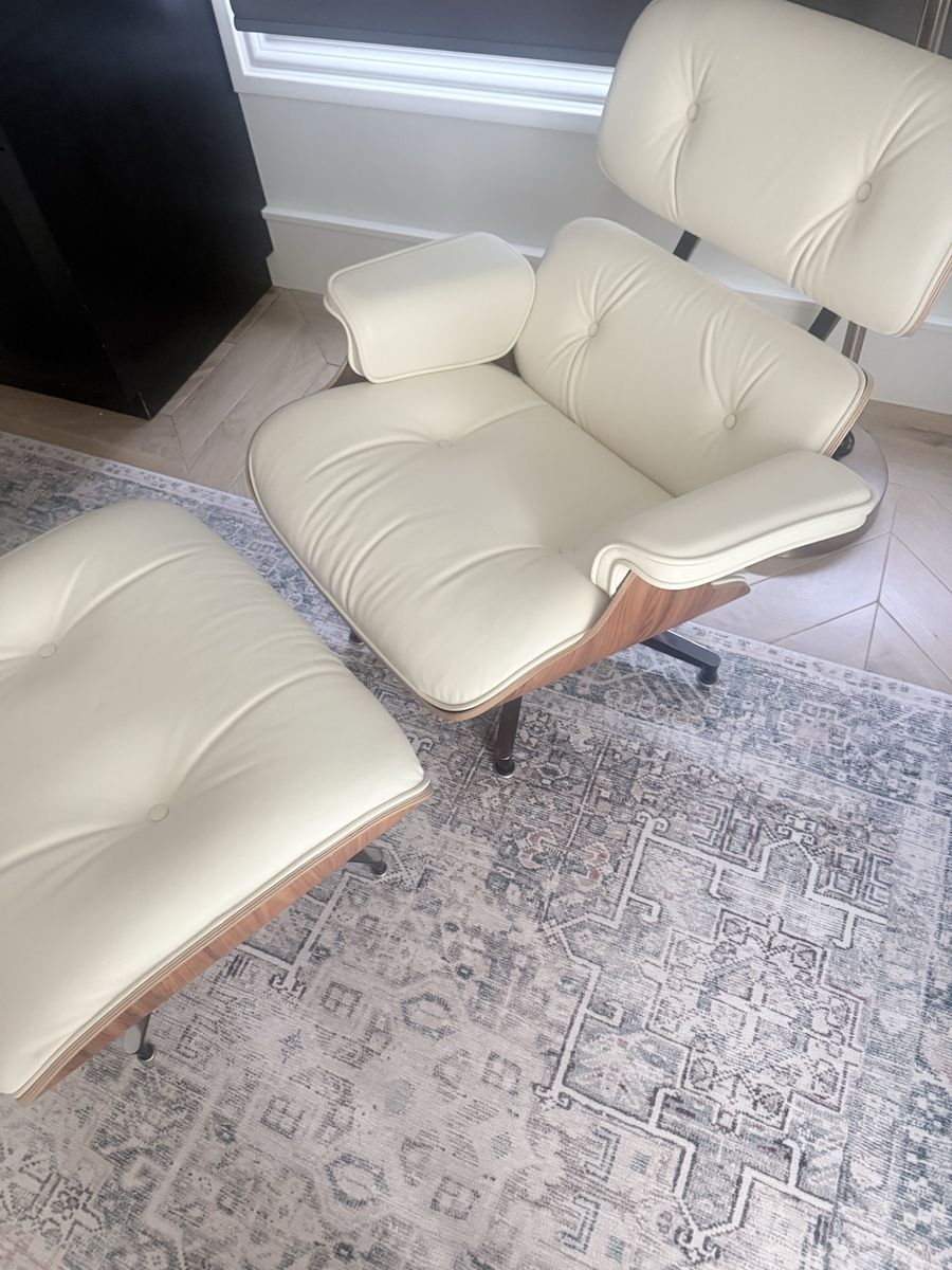 Modern Lounge Chair and Ottoman Set with Wood Shell and Cream Leather Upholstery