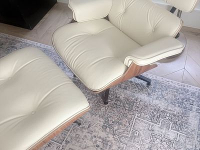 Modern Lounge Chair and Ottoman Set with Wood Shell and Cream Leather Upholstery