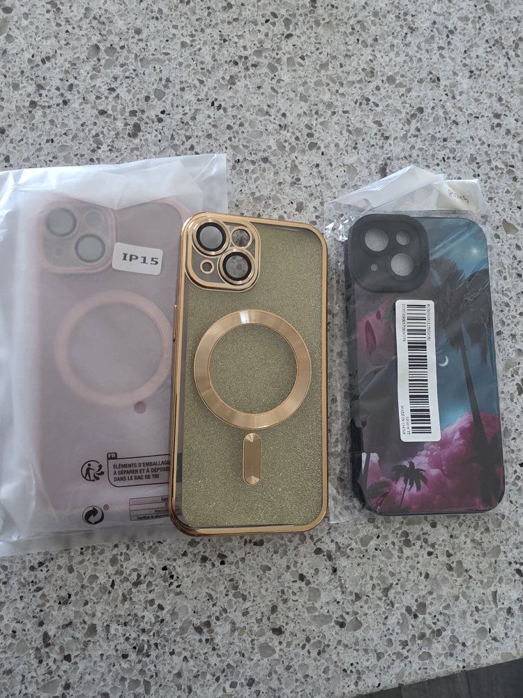 3 iPhone 15 Cases - Pink, Gold Glitter, and Palm Tree Design